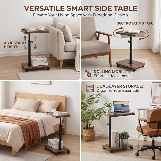 C Table End Table Adjustable Height,C Shaped End for Couch，Snack Tables,360°Swivel TV Tray Sofa Table,Tables that Slide Under,Coffee SideTable for Bed,Chair,Bath-tub,Outdoor(Walnut Color) - Image 3