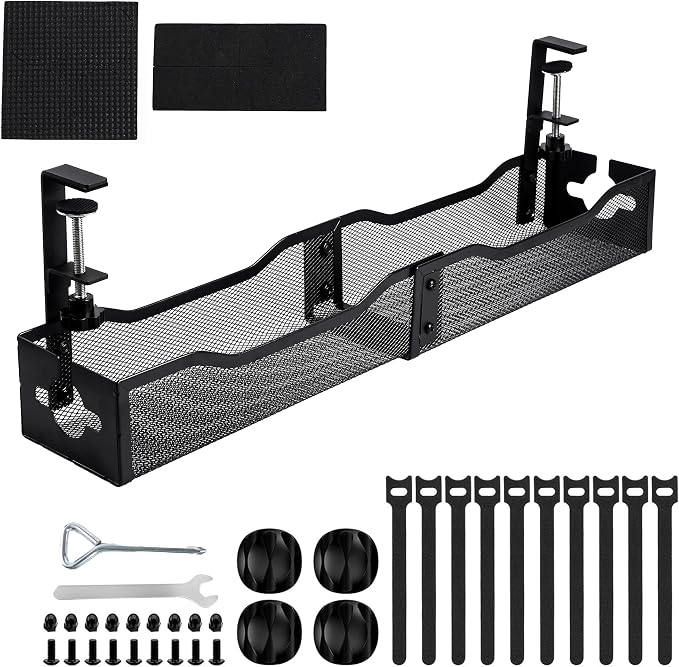 Cable Management Tray Under Desk - 25" No Drill Cord Management Under Desk with Clamp, Metal Desk Cable Organizer & Wire Management Tray for Standing Desk, Home Office Cord Organizer, Black by Unknown