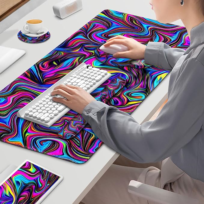 Gaming Mouse Pad, Large Desk Mat, Cute Desk Pad Protector, 4in1 XXL Mousepad + Keyboard Wrist Rest+Mouse Wrist Rest+Coaster Set with Ergonomic Desk Pad for Home Office Computer, Dazzling Bright Color - Image 9