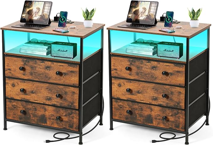 3-Drawer LED Nightstand Set 2 with Charging Station, Rustic Brown by PATAVOT