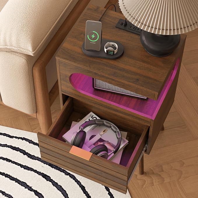 Veegle Nightstand,Modern Bedside Table with Storage Drawer and Open Wood Shelf, Accent Night Stand with Solid Wood Legs for Living Room, Bedroom and Small Spaces,Easy Assembly (Walnut Brown-1) - Image 8