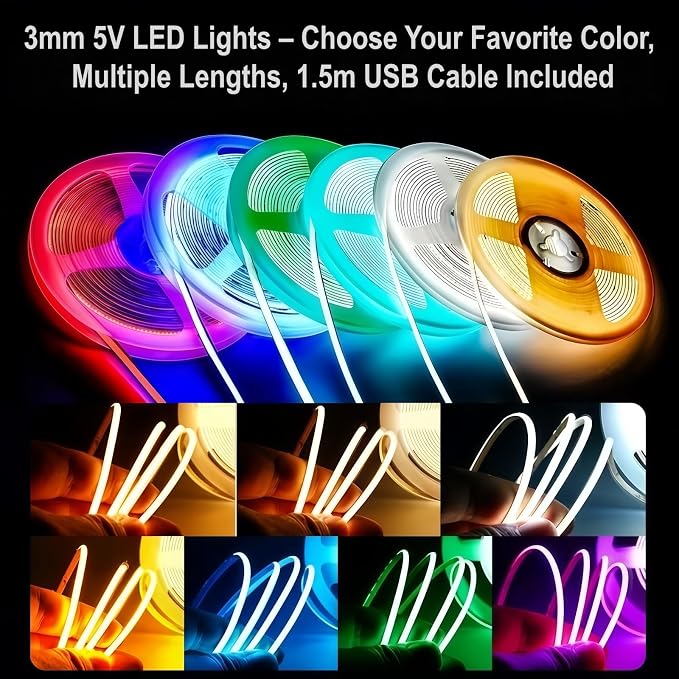 Ultra-Narrow 3mm USB-C COB LED Strip Lights Self-Adhesive, for Kitchen Cabinets, Bedroom, Gaming Desk (Red, 5ft) - Image 8