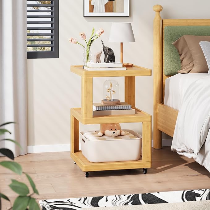 ZIYOO End Table Set of 2, 3-Tier Mobile Side Table with Wheels, Wooden Night Stand, Unique Floating Design Storage Organizer for Bedroom, Living Room, Small Spaces, Natural - Image 7