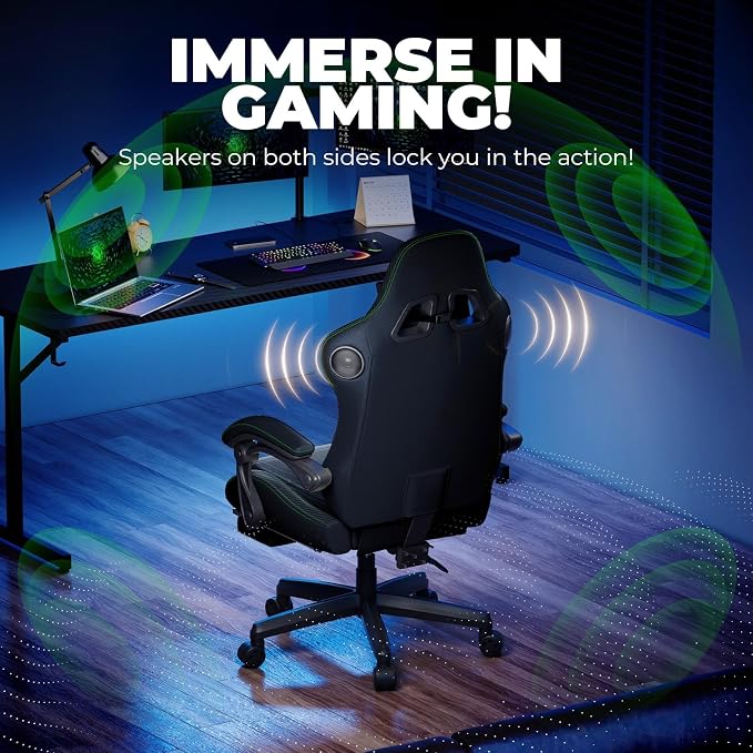 GTPLAYER ACE-PRO Music Gaming Chairs – Built-in Speakers, App Support & Bluetooth Control, Computer Game Chairs with Footrest for Adults, Ergonomic, Reclining, Linkage Armrest, Black & Green Stitch - Image 4