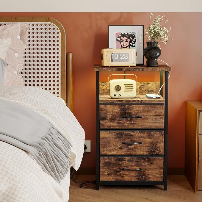Fixwal Night Stand with 3 Fabric Drawers, Nightstand with Charging Station - Image 8