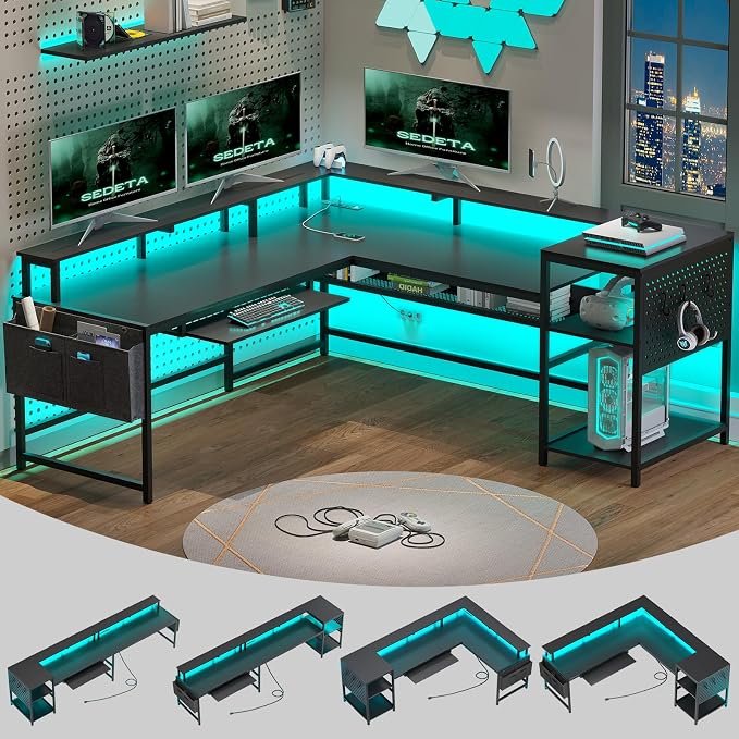 SEDETA L Shaped Gaming Desk, Reversible Computer Desk, Gaming Desk with Power Outlets & LED Strip, Monitor Shelf, Keyboard Tray, Pegboard and Storage Shelves for Home Office, Black by SEDETA