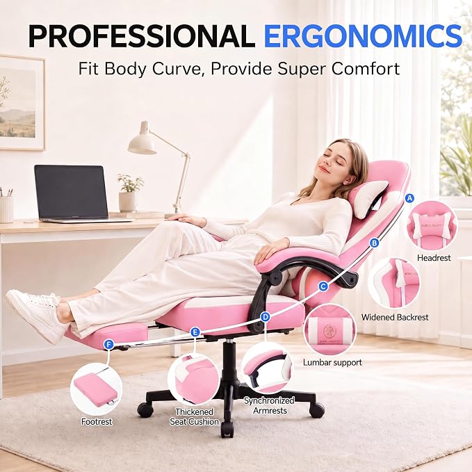 Desk Computer Gaming Chair - High Back Ergonomic Office Chair with Footrest and Lumbar Support, Swivel Comfy Home Gamer Video Game Chairs with Pocket Spring Cushion for Adults (Pink Leather) - Image 5