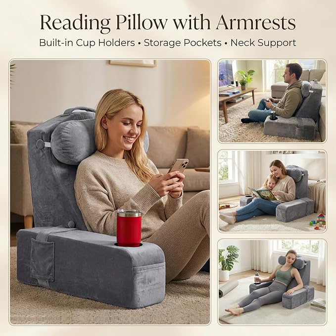 21 INCH Reading Pillow for Adults, Back Pillow for Bed Sitting Up, Backrest Pillow for Sitting in Bed, Detachable Arms with Built-in Cup & Phone Caddy (Gray, 21 INCH) - Image 7