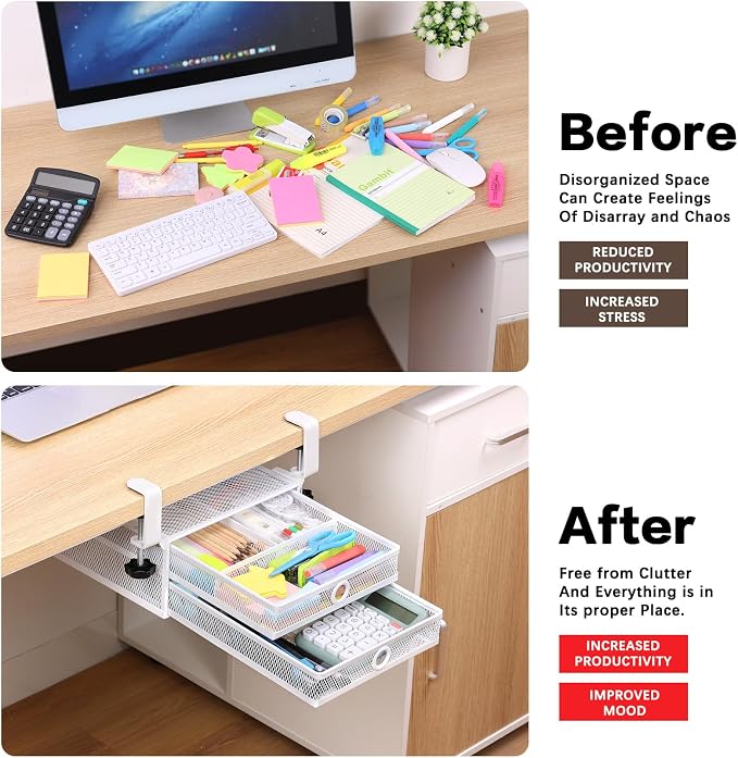Under Desk Drawer, Clamp on Desk Organizer Slide Out Table Storage No Drill - Image 6