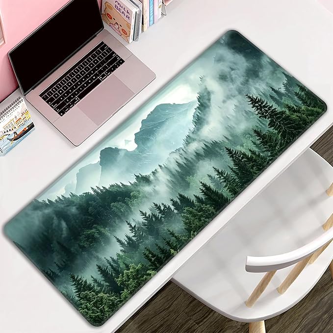 Green Misty Forest Desk Mat, XL 31.5"x11.8" Large Mouse Pad, Mountains Extended Gaming Mouse Mat,Non-Slip Rubber Base Waterproof with Stitched Edges for Gaming Office Home Decor - Image 8