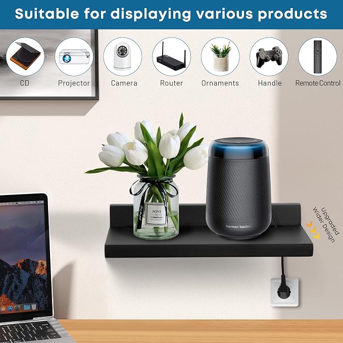 Small Floating Shelf for Wall,9X5 Inch Wall Mounted Shelf with Cord Hole,Small Display Shelves for Cameras, Webcam, Router,Smart Speaker,Action Figures-2 Pcs(Black - Image 4