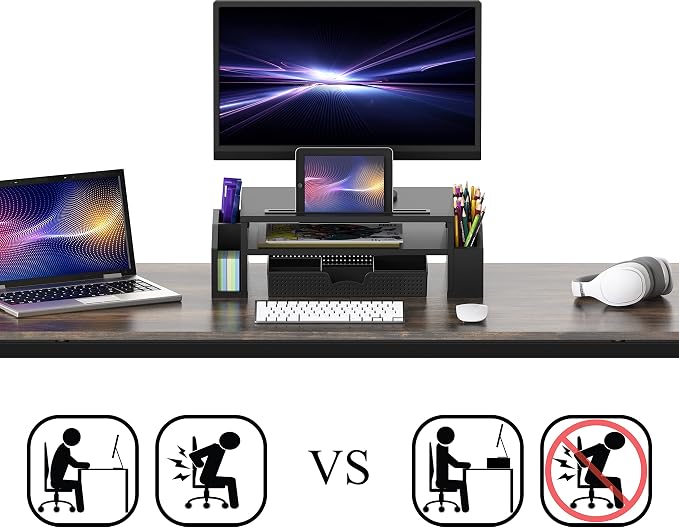 Simple Houseware Desk Monitor Stand Riser w/ Adjustable Tray, Black | Built-In Tablet Slot and Side Storage - Image 3
