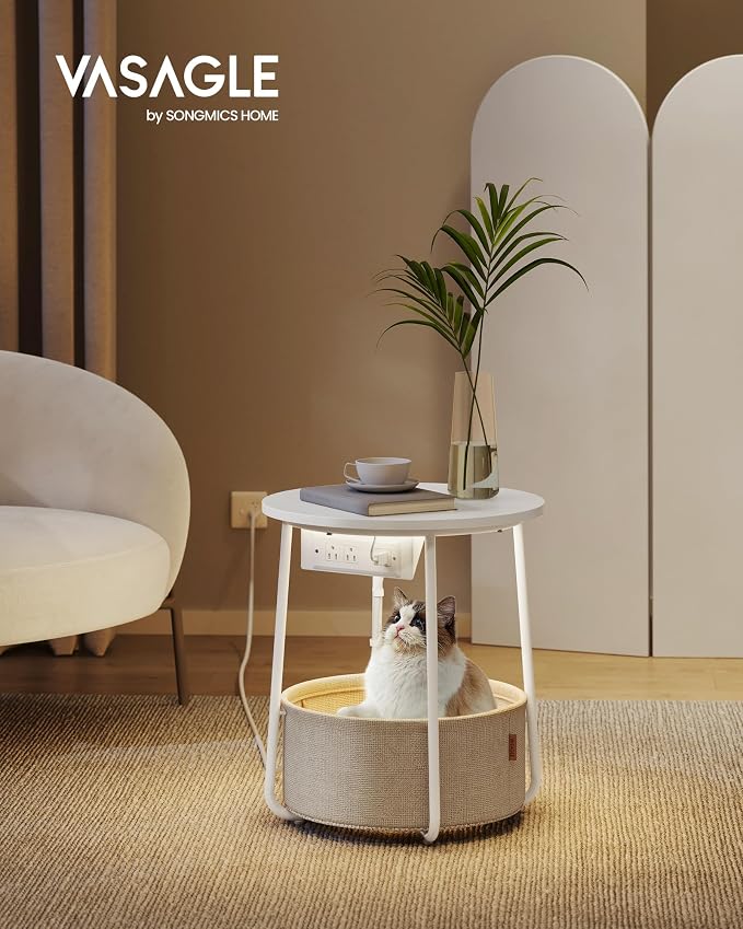 VASAGLE Side Table with Charging Station,Fabric Basket, LED Round End Table - Image 2
