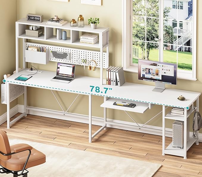 SEDETA White L Shaped Office Desk, 57.5” Corner Computer Desk with Power Outlet Pegboard and Keyboard Tray, Gaming Table with LED Lights, Hutch and Storage Shelves for Home Office - Image 3