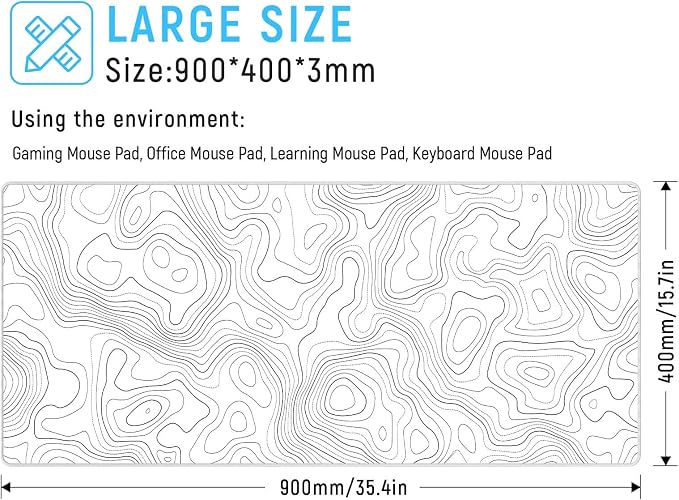JIALONG White Topographic Large Gaming Mouse Pad, XXL Mousepad, Big Mouse Mat Desk Pad for Keyboard and Mouse, Gaming Computer Laptop PC Desk Office Accessories - Image 2