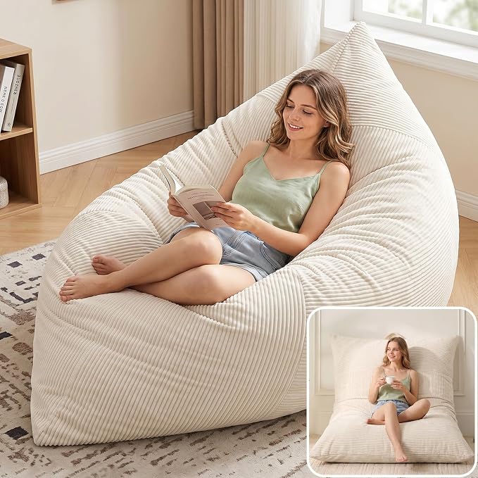 HUGHEAVEN Giant 3-in-1 Bean Bag Chair (76"x55") Oversized Floor Sofa Couch | Comfortable giant floor cushion with back support for adults. Washable cover memory foam lounge sofa for movie nights. by HUGHEAVENBeanBagChairs