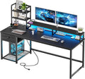 EnHomee 55 Inch Gaming Desk with Hutch and Drawers,Reversible Computer Desk with Monitor Shelf,Home Office Desks with USB Power Outlets and Storage,Pc Work Desk for Office with LED Lights,Black by EnHomee