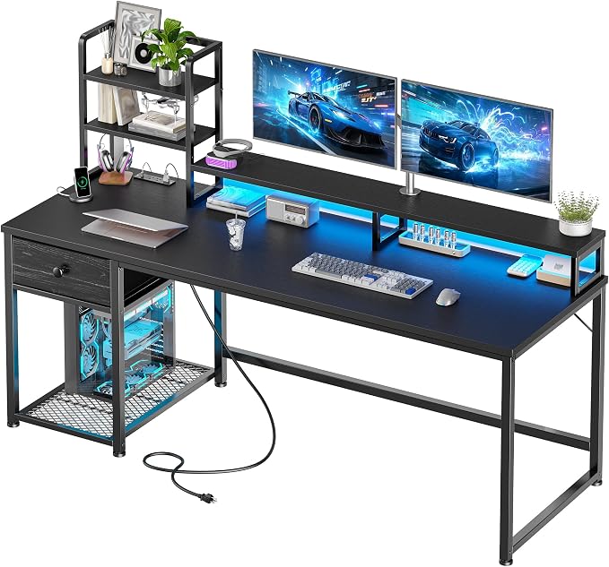 EnHomee 55 Inch Gaming Desk with Hutch and Drawers,Reversible Computer Desk with Monitor Shelf,Home Office Desks with USB Power Outlets and Storage,Pc Work Desk for Office with LED Lights,Black by EnHomee
