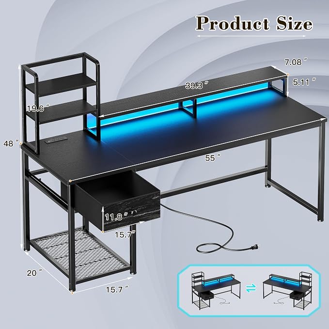 EnHomee 55 Inch Gaming Desk with Hutch and Drawers,Reversible Computer Desk with Monitor Shelf,Home Office Desks with USB Power Outlets and Storage,Pc Work Desk for Office with LED Lights,Black - Image 3