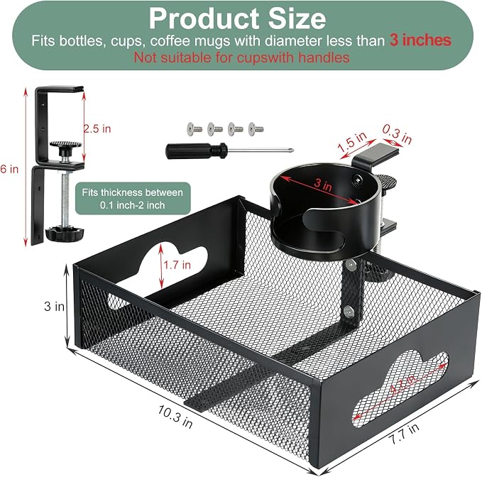 Desk Cup Holder Clamp, Clip On Table Cup Holder with Rotation Drawer - Image 2