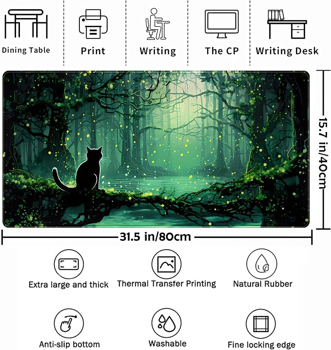 Kawaii Green Forest Desk Pad Mouse Pad Cute Black Cat Desk Mat, XXL Extended Anime Cats Large Gaming Mousepad, Computer Keyboard and Mouse Deskpad Decor Deskmat with Stitched Edges Mat 31.5x15.7 in - Image 2