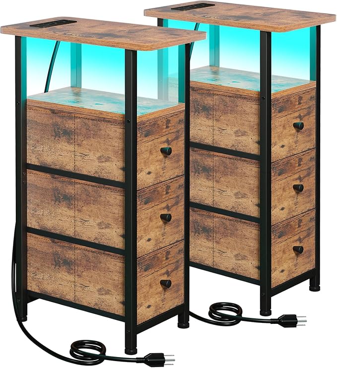 LOAKEKEL Narrow End Tables Living Room Set of 2 with Charging Station by LOAKEKEL