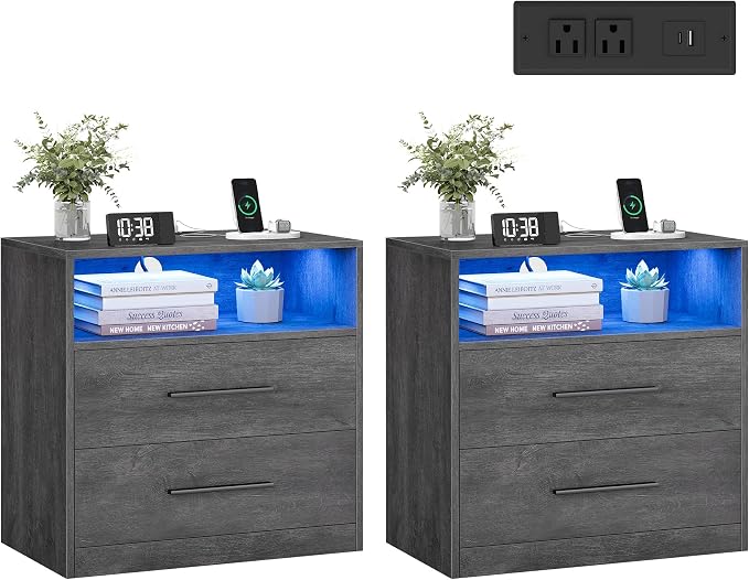 VASAGLE 23.6‑Inch Wide Nightstands, Set of 2, LED Lights, 2 Drawers by Unknown