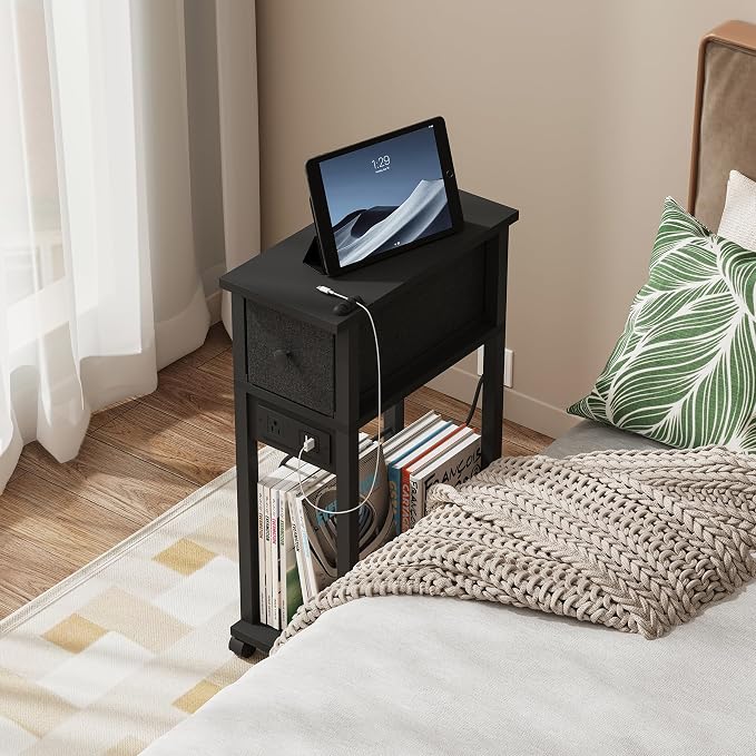 Slim Nightstand Set of 2, Narrow Side Table with Charging Station & Drawer - Image 9