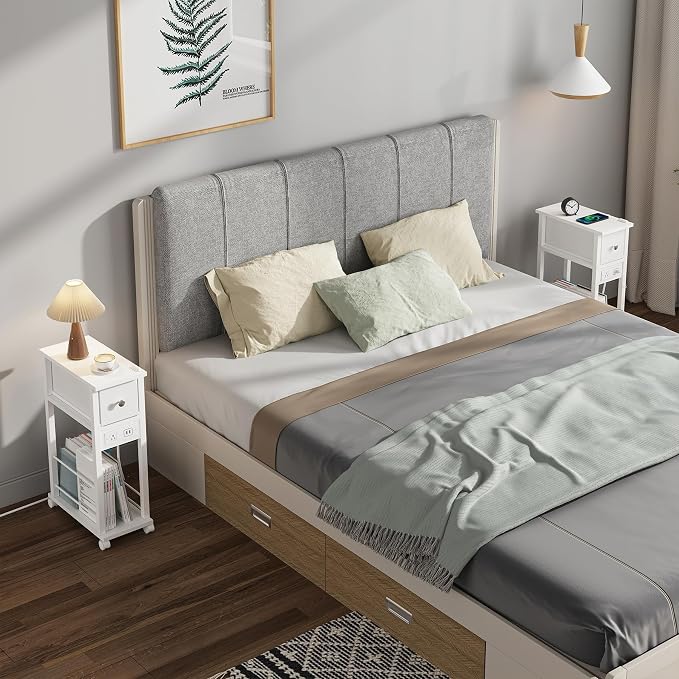 Slim Nightstand Set of 2, Narrow Side Table with Charging Station & Drawer - Image 6