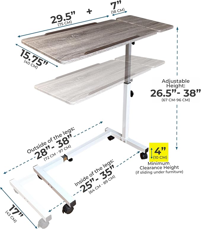 Recliner Table, Over the Bed Table with Wheels, Adjustable Width & Height, with Split Tilt Design & 4 Caster Wheels with Brakes (Vintage Oak Tabletop, White Base) - Image 2