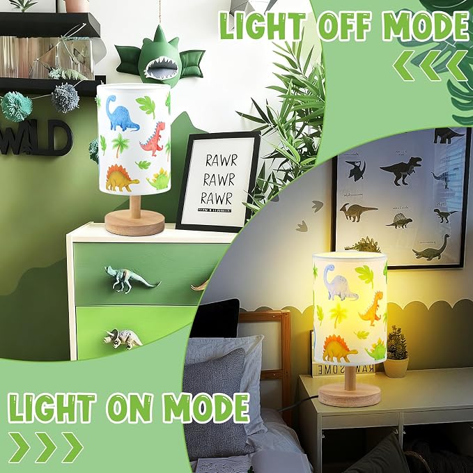 Dinosaur Table Lamp for Kids Bedroom - Cartoon Dinosaur Bedside Lamp with Linen Lampshade Wooden Stand Night Light for Boys Bedroom Living Room Nursery Room Decor Dino Gifts for Boys - Image 3