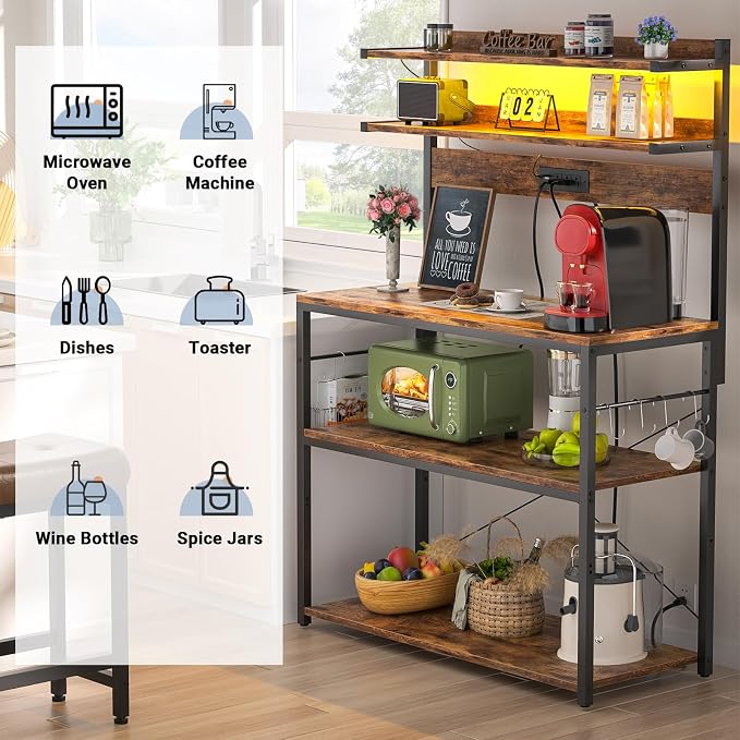 Aheaplus Bakers Rack with Power Outlet & RGB LED, 31.5 In Coffee Bar Table - Image 5