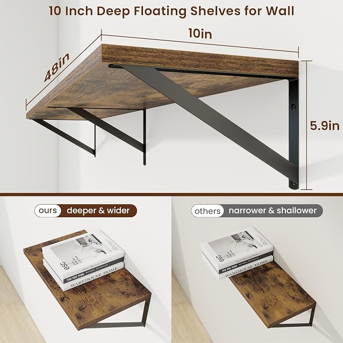 Axeman Deep Floating Shelves, 48'' x 10'' Brown Wall Shelves Set of 2 - Image 3