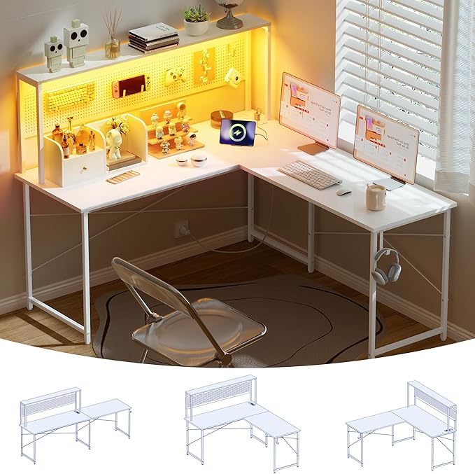 Pamray 60 Inch L Shaped Gaming Desk with Shelves and Storage | With Pegboard LED Lights Power Outlets, Reversible, Suitable for Home Office Bedroom Living Room Dorms Apartments by PAMRAY