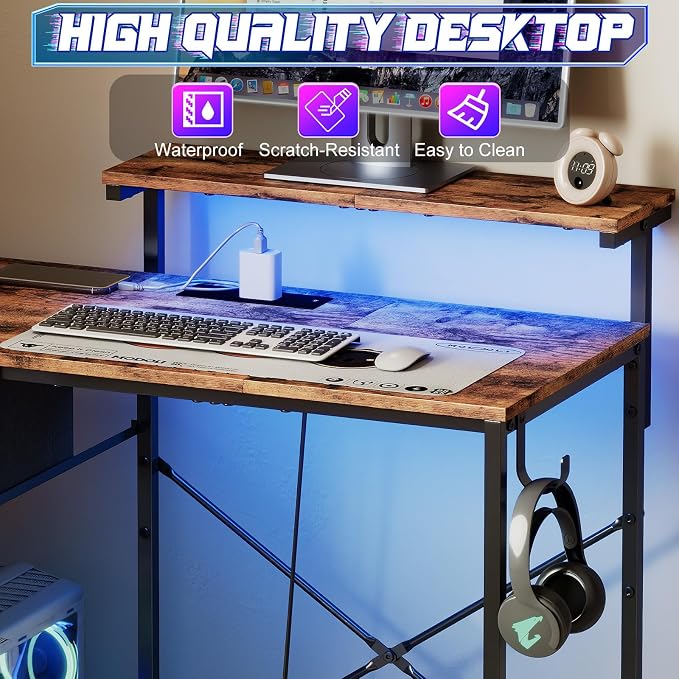 X-cosrack 33.5" Small Gaming Desk with LED Lights & Outlets, Monitor Stand - Image 8