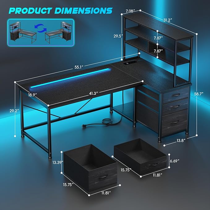 DurayLoly 55" L Shaped Gaming Desk with 3 Fabric Drawers & Shelves - Image 3