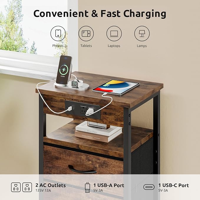 Lazzanto Night Stand with Charger Station for Bedroom, Brown Nightstand - Image 3