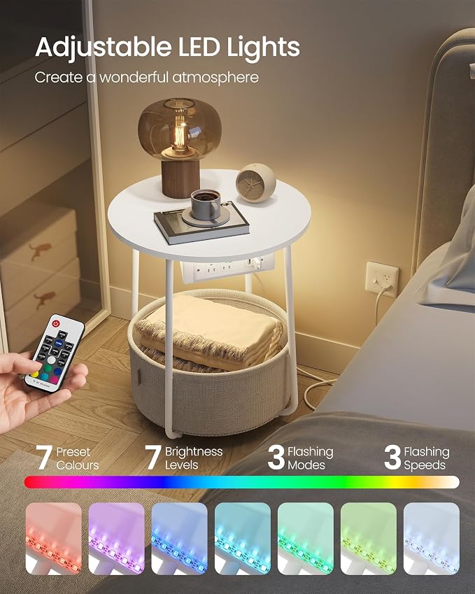 VASAGLE Side Table with Charging Station,Fabric Basket, LED Round End Table - Image 4