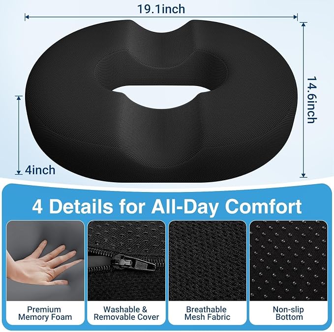Donut Pillow Seat Cushion, Office Chair Cushion, Black, XX-Large | Ergonomic Design, Breathable Cover, for Tailbone Pain, Hemorrhoids & Long Sitting Hours, for Home & Office - Image 5