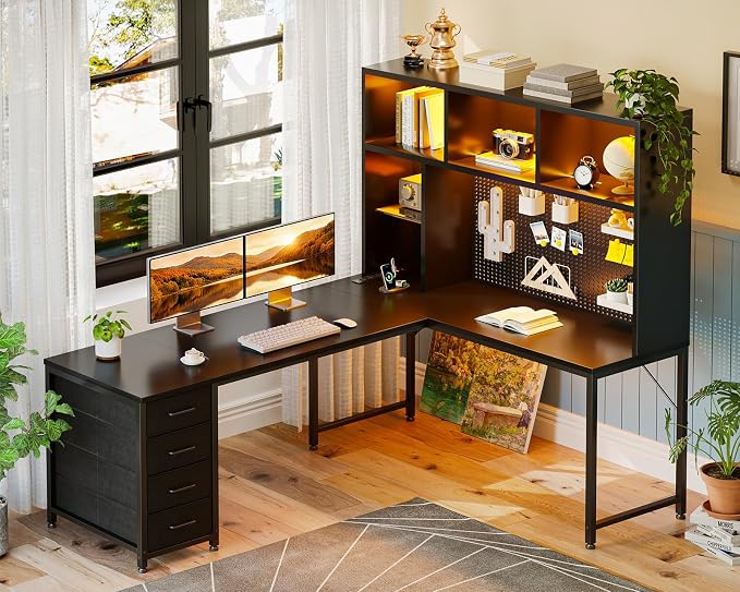 AODK 63" L Shaped Desk for Gaming and Working，Black | PC Desk with Hutch, Pegboard & Shelves, 4 Drawers, Integrated LED Light Strip & Power Outlets, Reversible - Image 2