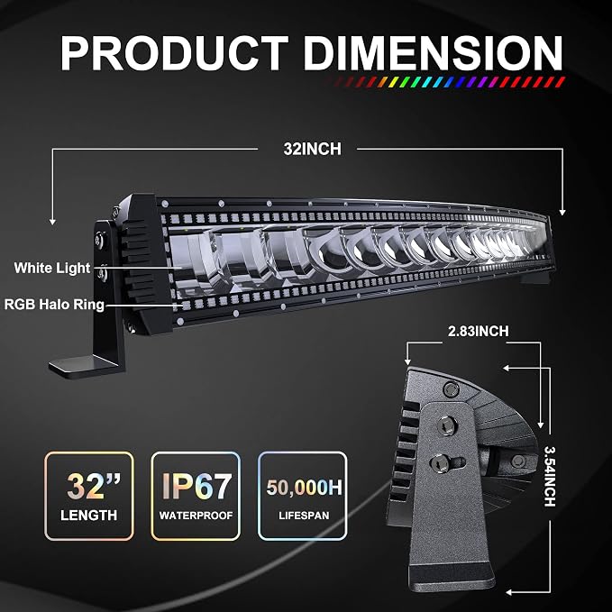 Lpteso RGBW Curved LED Light Bar 32Inch 180W Flood Spot Combo Beam 2PCS 4 Inch 18W Flood RGB LED Pods with 16 Solid Colors Chasing RGB Halo Ring Changing with Strobe Flashing with Rocker Switch Wiring - Image 2