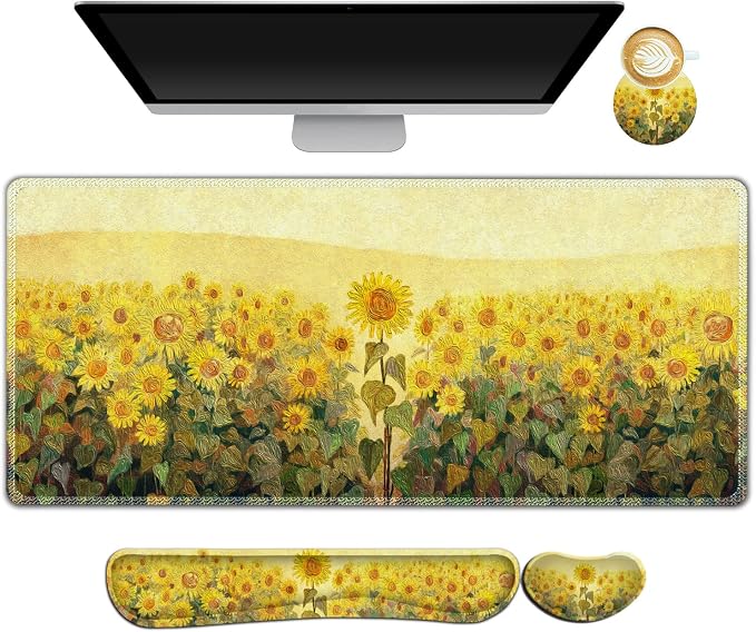 AIMSA Keyboard Mouse Pad Wrist Rest, Extended Gaming Mouse Pad +Wrist Support, Ergonomic Memory Foam,XXL Large Mousepad, 4Pcs (35×15.7 in) Desk Mat, Sunflower Oil Painting by AIMSA