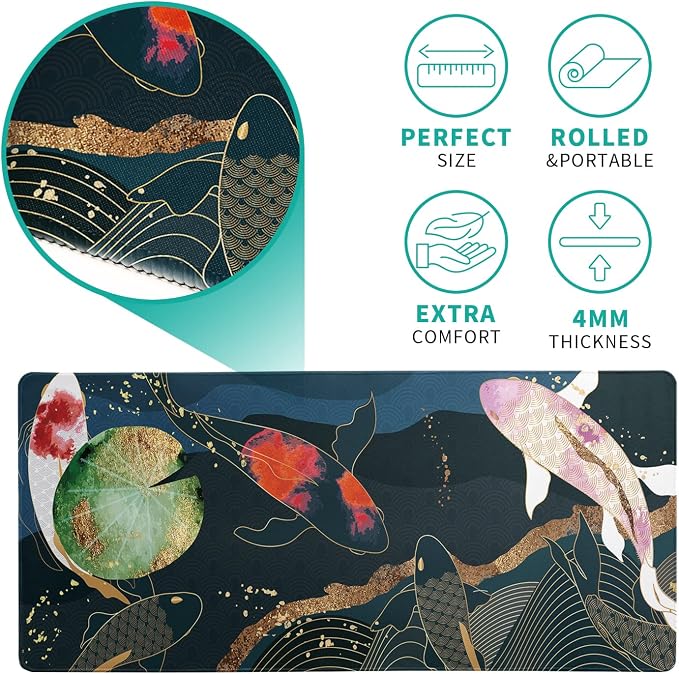 Japanese Gaming Mouse Pad XL - Extended Large Mouse Mat Desk Pad, Stitched Edges Mousepad, 3mm Thick Long Non-Slip Rubber Base Mice Pad, 31.5 X 11.8 Inch - Koi Fish Art - Image 6