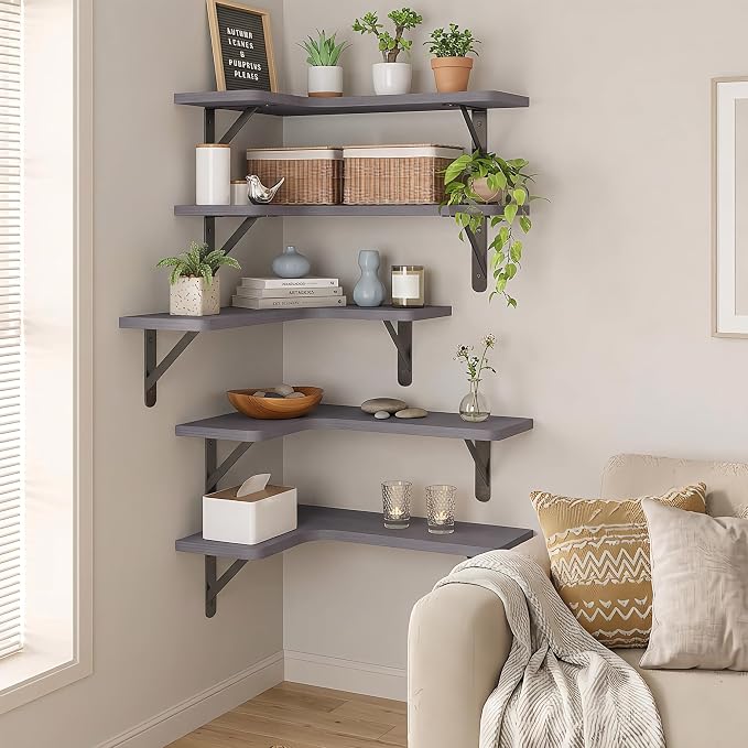 Fixwal Corner Floating Shelves Set of 5, Rustic Wood Wall Mounted Corner Shelf for Bathroom, Kitchen, Bedroom, Home Decor, Laundry Room, Living Room(Gray) - Image 2