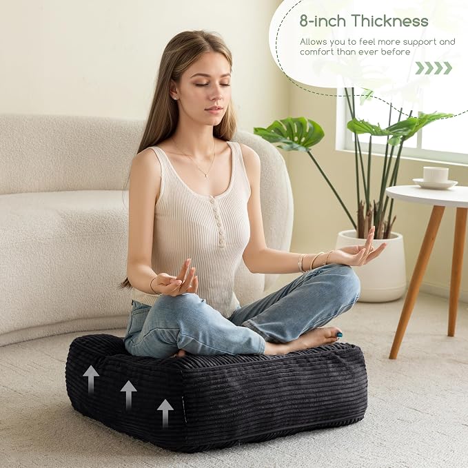 HIGOGOGO 8" Extra Thick Floor Pillow Cushion for Adults, Meditation Cushion Pillow, Large Square Floor Sitting, Tufted Corduroy Cover, for Tatami Living Room or Yoga, 22x22 Inch, 2Pack, Black - Image 6