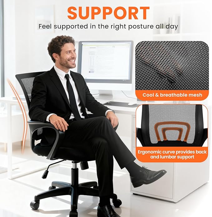 NEO CHAIR Office Computer Chair Ergonomic Mid-Back Mesh Desk Chair, Black | Breathable Mesh Back with Lumbar Support, Height Adjustment, Smooth Rolling Casters for Home Office, Study or Gaming Setup - Image 5