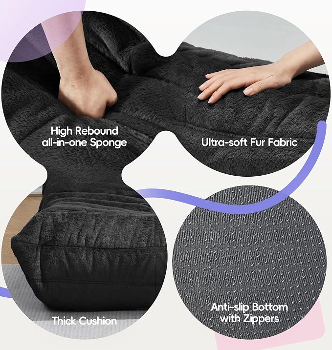 Hobestluk Small Bean Bag Chair Fireside Floor Chair BeanBag Couch Togo Sofa | Ergonomic Design,Memory Foam,No Assembly,Faux Fur Comfy Lounger with Back Support for Gaming Classroom | Black Plush Small - Image 6