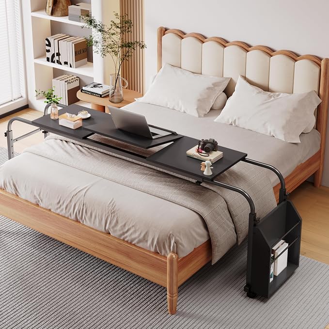 Arlopu Overbed Table with Wheels,60.6-84.2 inches Mobile Bed Desk, Black by Arlopu