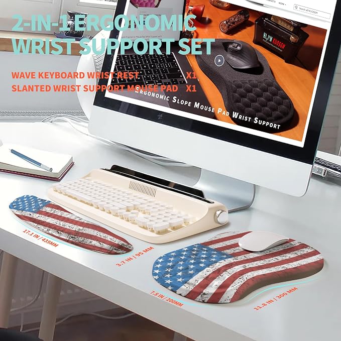 2-in-1 Ergonomic Set, Wave Rise Keyboard Wrist Rest and Massage Bulge Slope Mouse Pad Wrist Support, Cushion Memory Foam Integrated to Relieve Wrist Pain, American Flag - Image 5