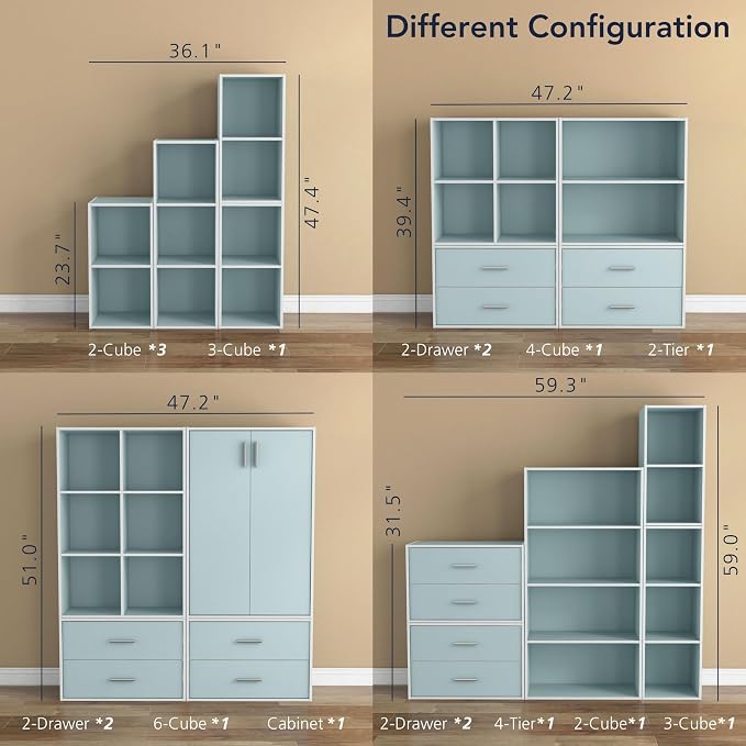 Homes: Inside + Out Apexa 4-Cube Storage Organizer Shelves, Stackable Wood Bookcase Fits Cubby Bins for Organization, Dorm Teen Room Decor & Home Office, Light Blue - Image 10